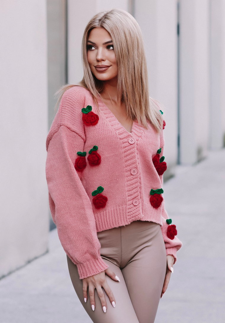 Sweter damski z kwiatkami 3D Blossom, rozpinany, różowy Jeden rozmiar