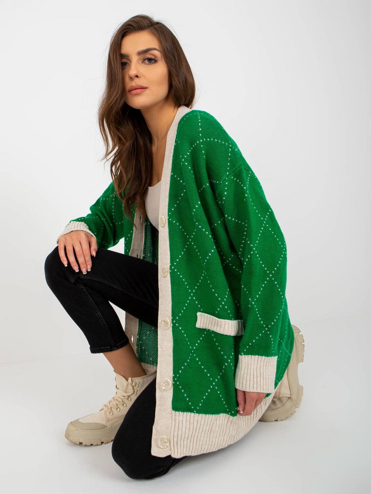 Sweter rozpinany zielony casual dekolt w kształcie V rękaw długi długość długa guziki