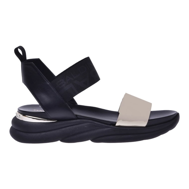 Czarny calfskin and platinum patent leather sandals Baldinini