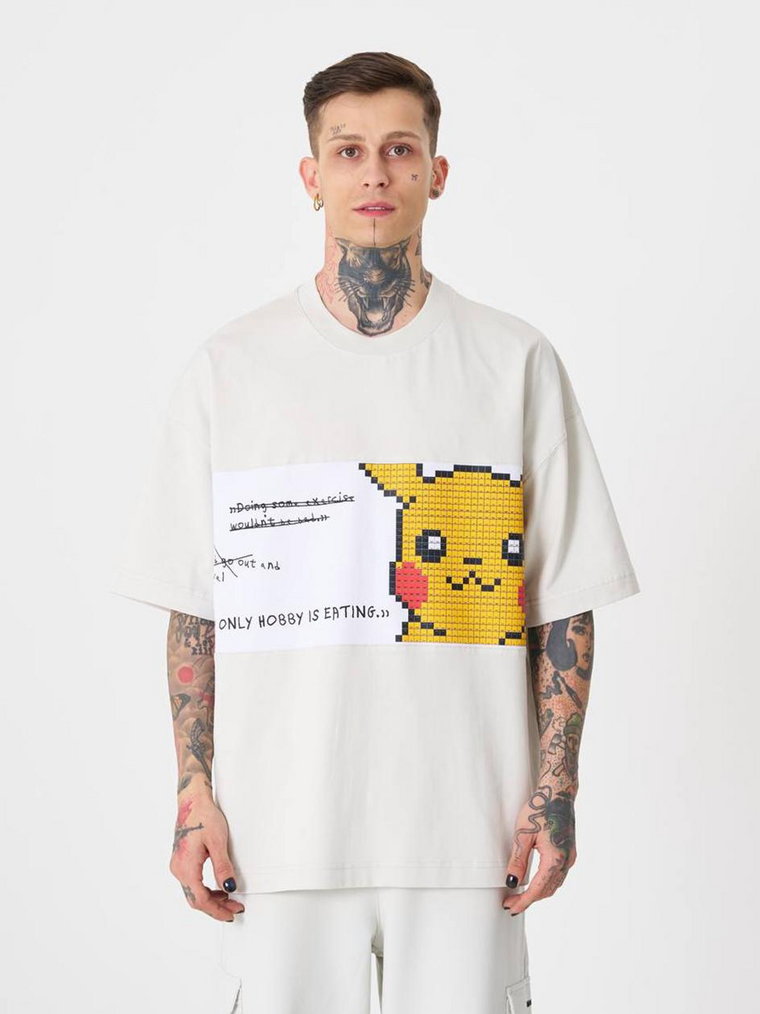 Koszulka Z Krótkim Rękawem Oversize Jasna Szara Machinist Pikachu