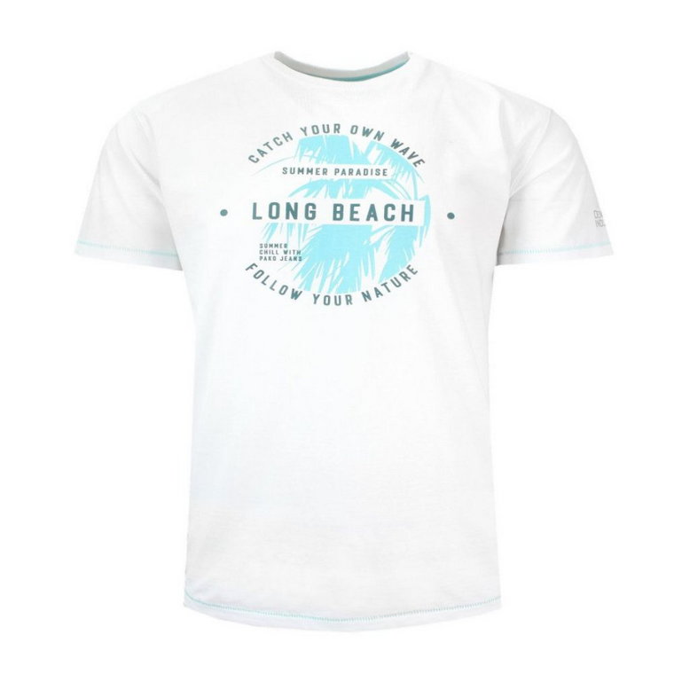 T-shirt Bawełniany, Biały Męski z Nadrukiem, LONG BEACH, Krótki Rękaw, U-neck -PAKO JEANS