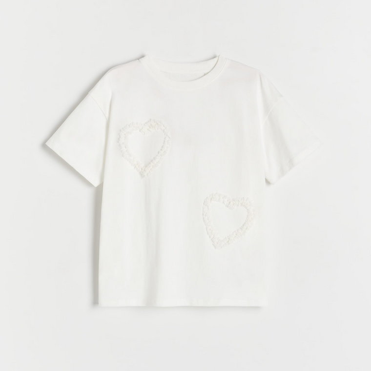 Reserved - Bawełniany t-shirt z aplikacją - złamana biel