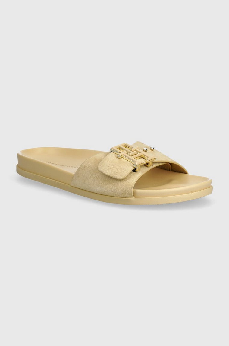 Tommy Hilfiger klapki zamszowe TH HARDWARE SUEDE FLAT SANDAL damskie kolor beżowy FW0FW07935