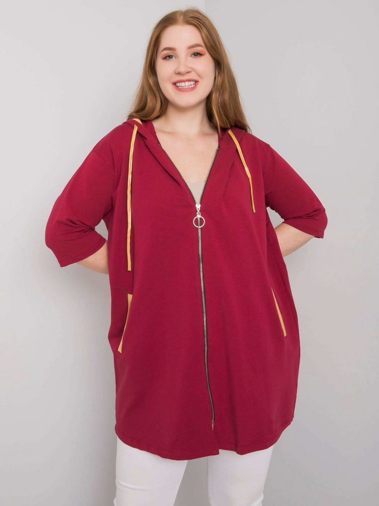 Bluza plus size bordowy casual z kapturem rozpinane dekolt okrągły rękaw krótki zamek