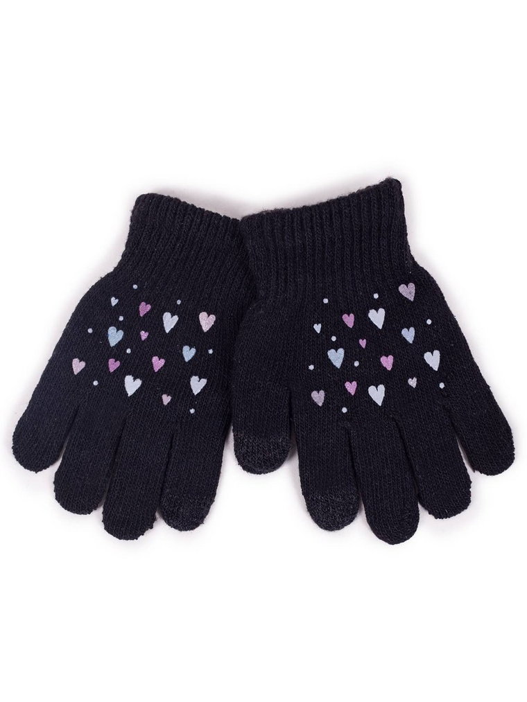 Rękawiczki dziewczęce pięciopalczaste czarne z serduszkami dotykowe 14 cm YOCLUB