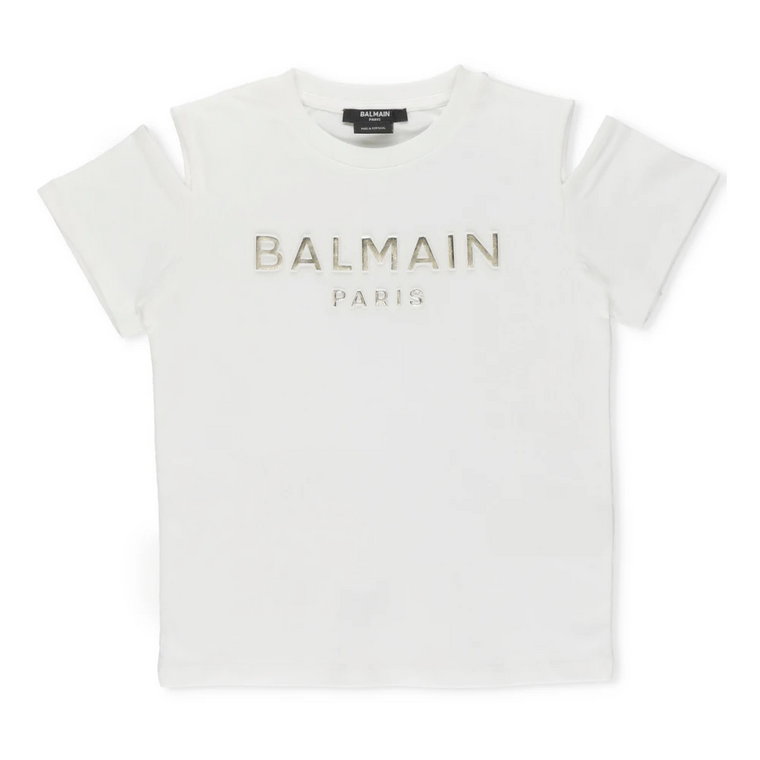 Biała Junior Bawełniana Koszulka z Nadrukiem Logo Balmain