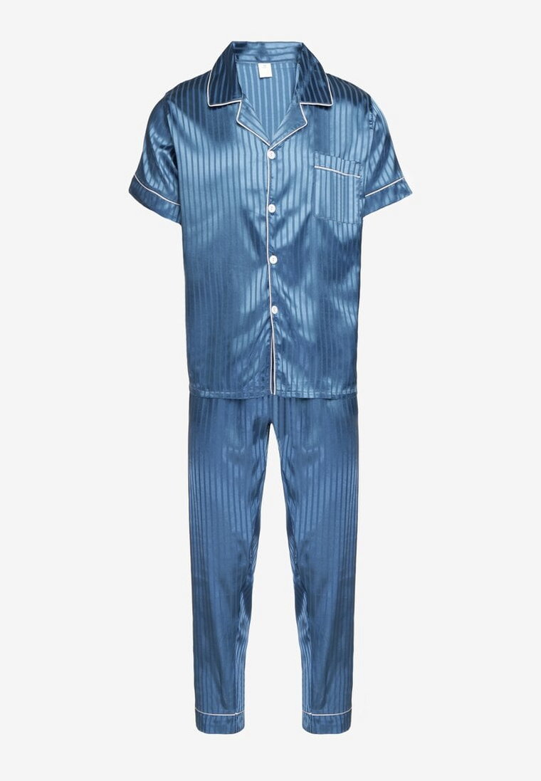 Niebieski Komplet Piżamowy Satynowy Koszula z Krótkim Rękawem Długie Spodnie Rivaellia