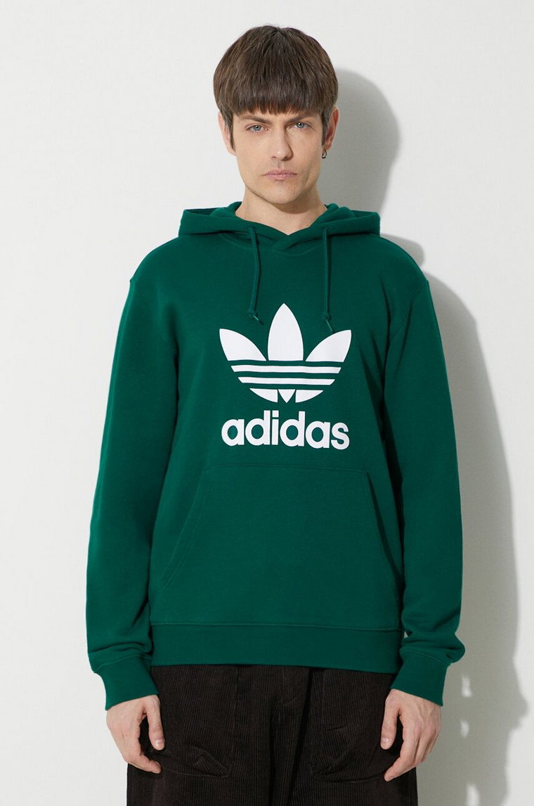 adidas Originals bluza bawełniana Adicolor Classics Trefoil męska kolor zielony z kapturem z nadrukiem IM9407