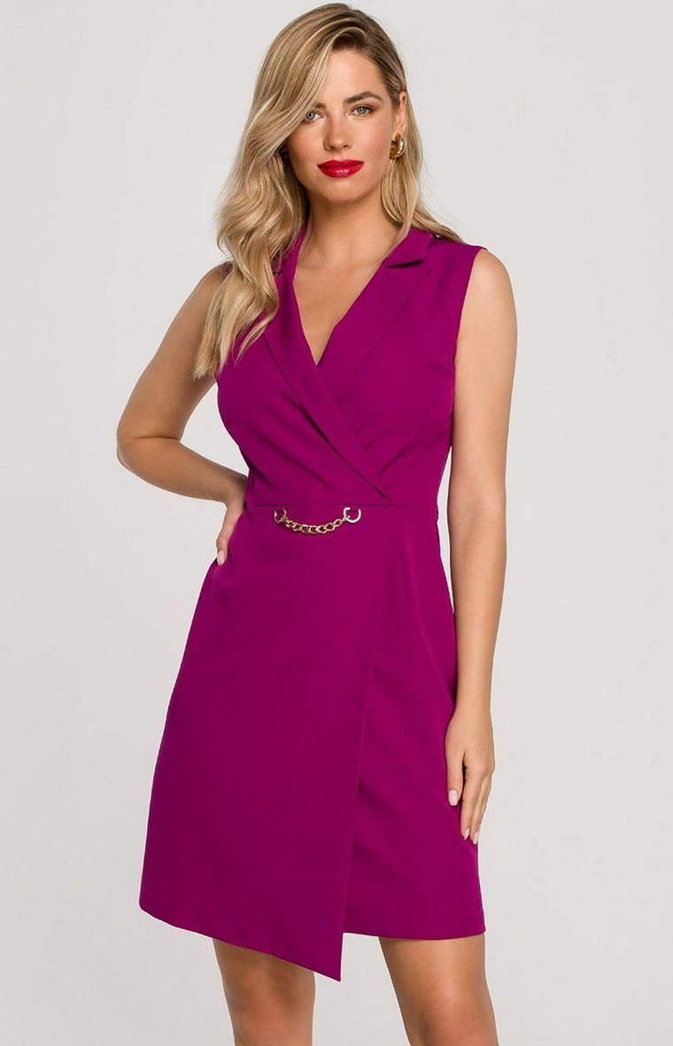 Sukienka żakietowa z ozdobnym łańcuszkiem w kolorze rubinowym K149, Kolor rubinowy, Rozmiar L, makover