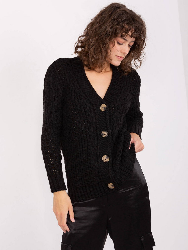 Sweter rozpinany czarny casual dekolt w kształcie V rękaw długi guziki