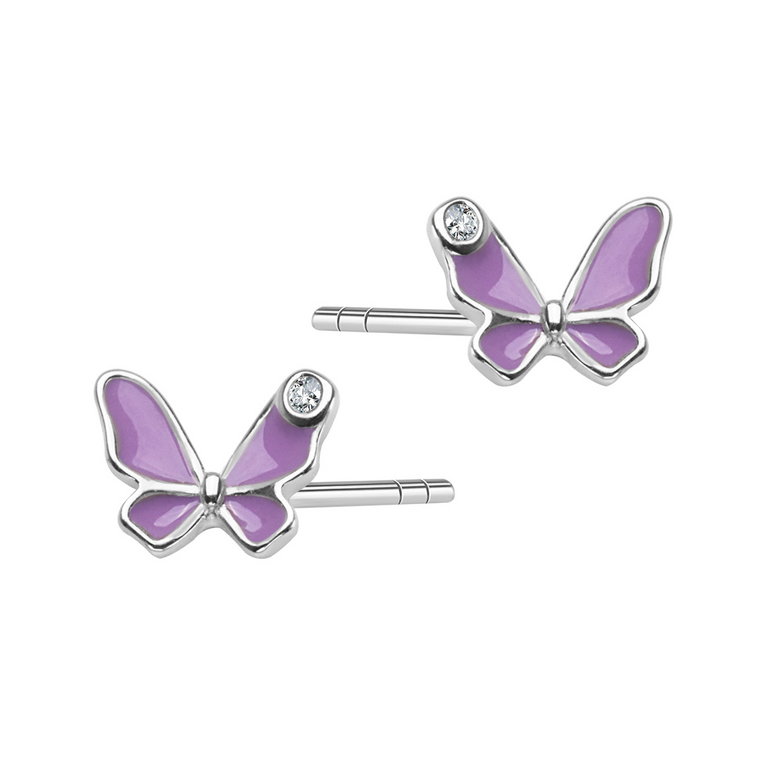 Kolczyki srebrne pokryte fioletową emalią z cyrkoniami - motyle - Mini