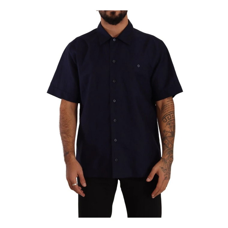 Navy Blue Button Down Short Sleeves Shirt Dolce & Gabbana