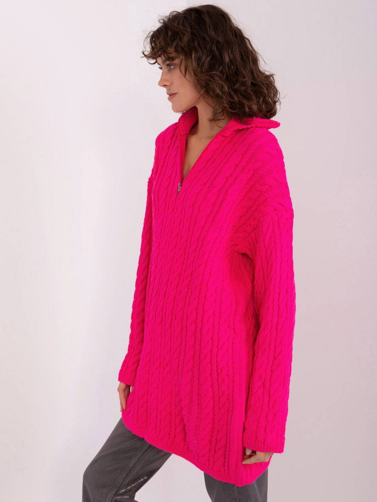 Sweter z warkoczami fluo różowy casual dekolt stójka rękaw długi długość długa zamek