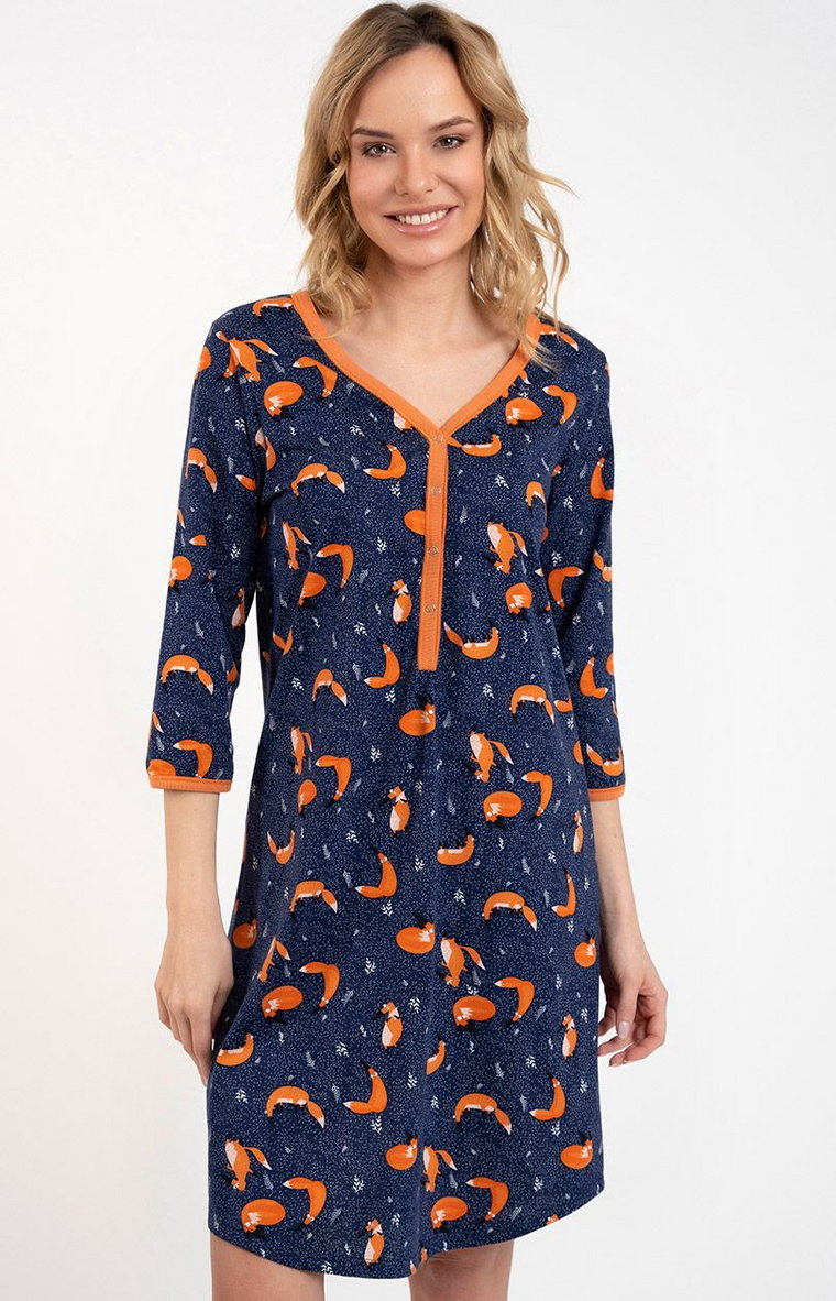 Koszula nocna damska z rękawem 3/4 Wasilla, Kolor granatowo-pomarańczowy, Rozmiar S, Italian Fashion