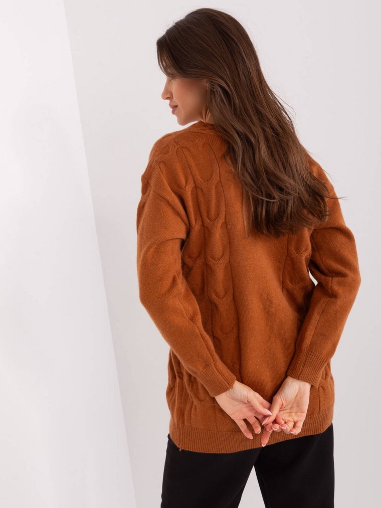 Sweter rozpinany jasny brązowy casual dekolt w kształcie V rękaw długi długość długa guziki