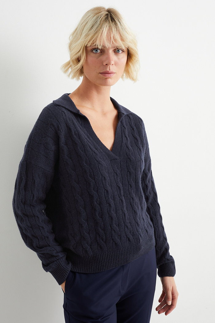 C&A Sweter z kaszmirem-warkoczowy wzór, Niebieski, Rozmiar: XS