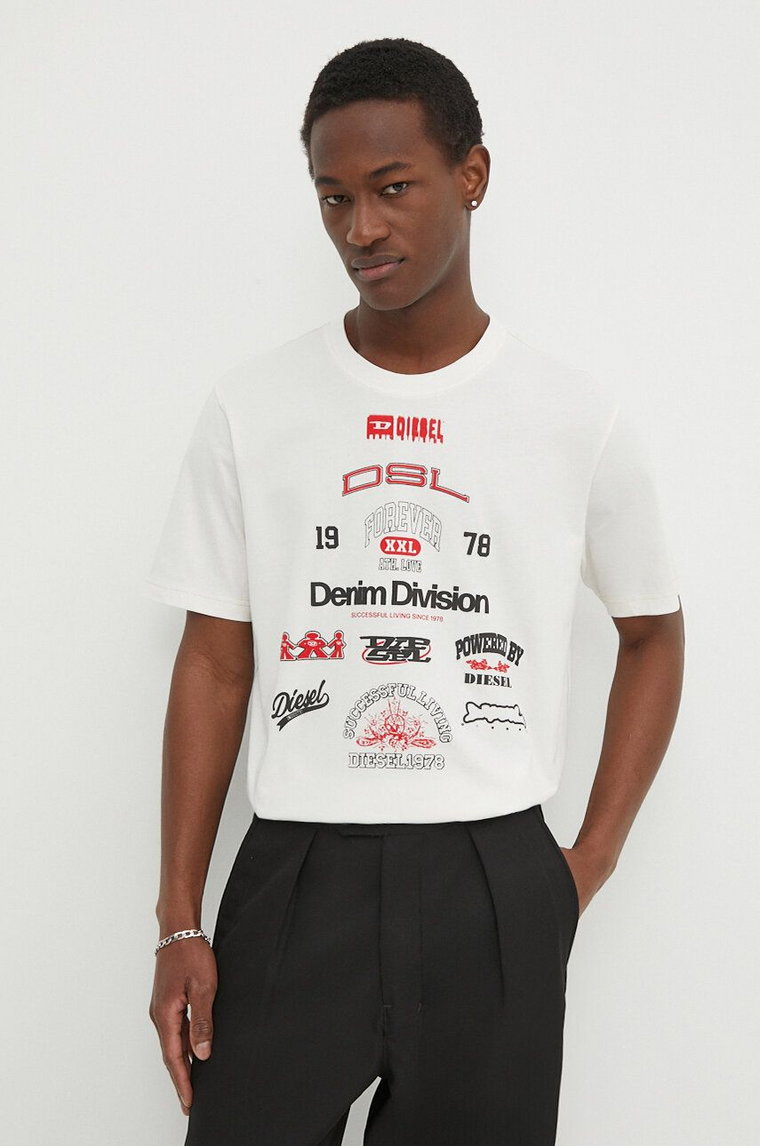 Diesel t-shirt bawełniany T-JUST-N14 męski kolor beżowy z nadrukiem A13284.0QIAM