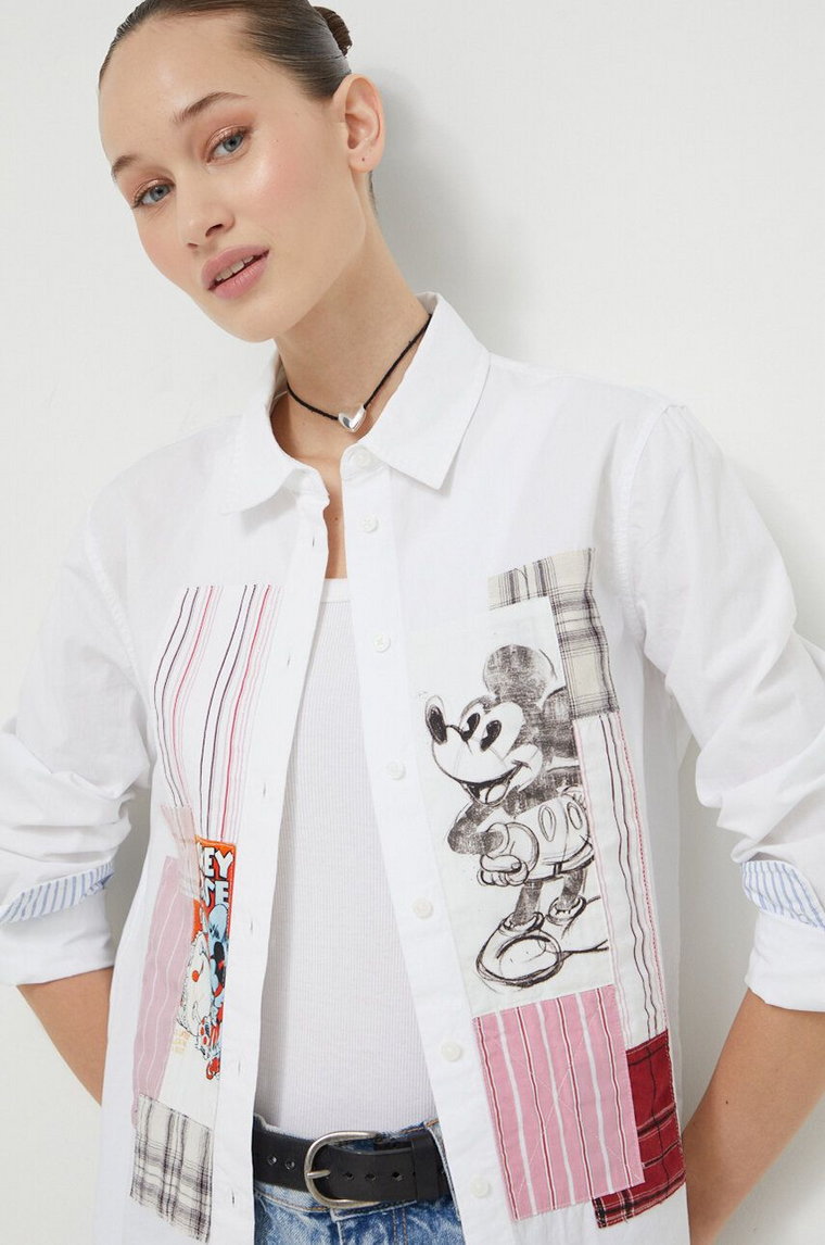 Desigual koszula bawełniana x Disney BOLONIA MICKEY damska kolor biały regular z kołnierzykiem klasycznym 24SWCW26
