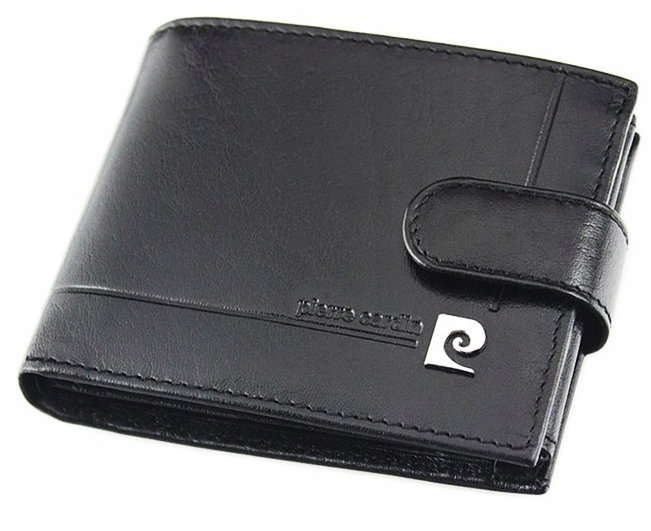 Mały zapinany skórzany portfel Pierre Cardin męski czarny ochrona kart Rfid