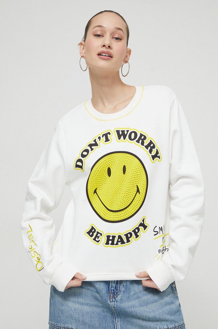 Desigual bluza bawełniana x Smiley damska kolor biały z nadrukiem