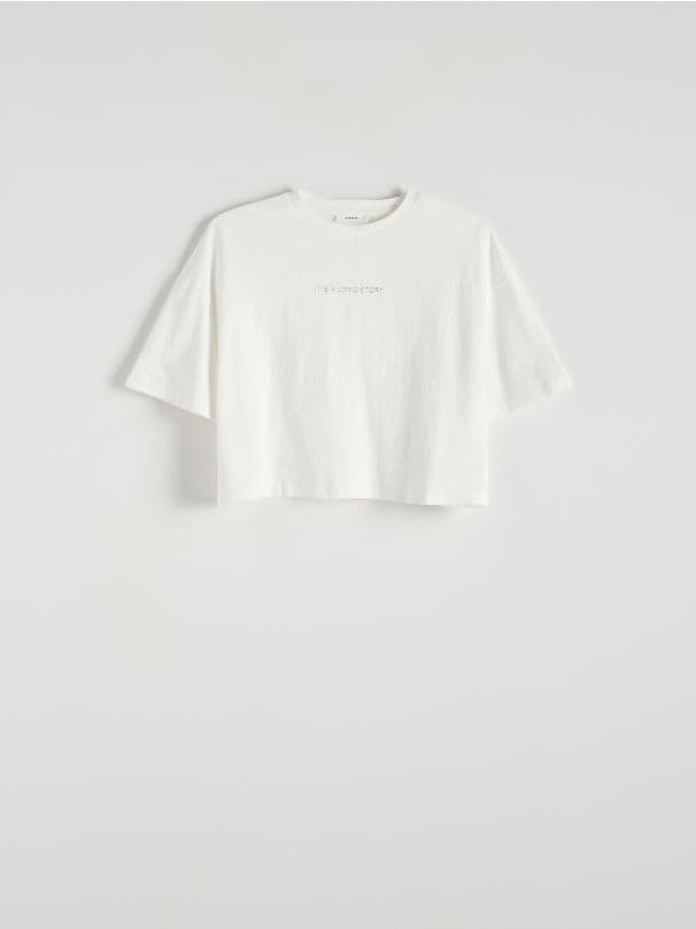 Reserved - T-shirt z aplikacją - złamana biel