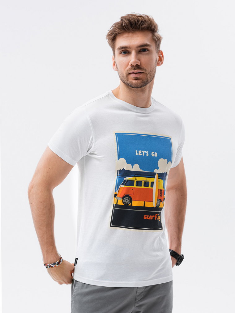 T-shirt męski z nadrukiem - biały V8A S1434