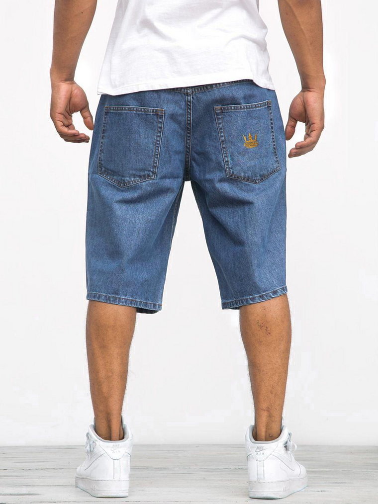Krótkie Spodenki Jeansowe Ze Ściągaczem Męskie Ciemne Niebieskie / Złote Jigga Wear Crown Pocket