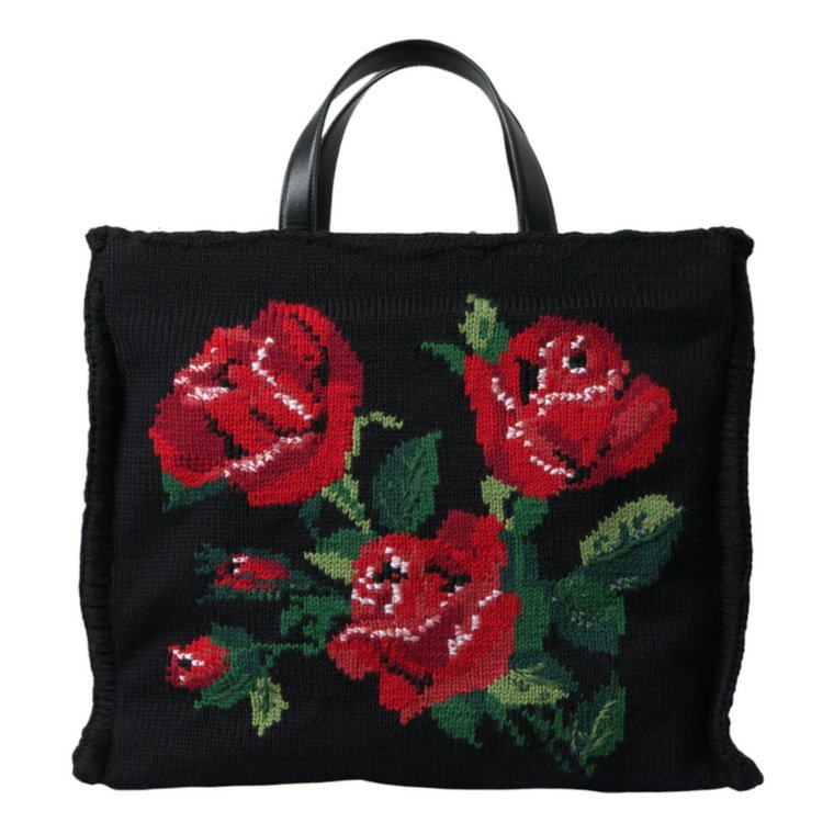 Czarna torebka na zakupy z aksamitu z różą Dolce & Gabbana