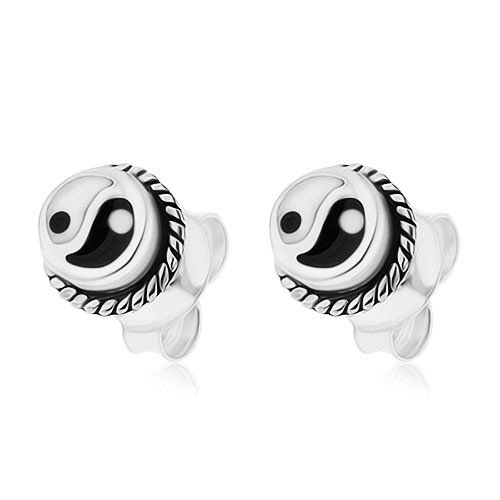 Okrągłe kolczyki, srebro 925, czarno-biały symbol Yin i Yang