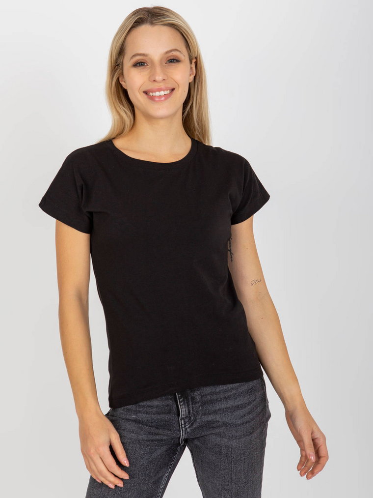 T-shirt jednokolorowy czarny casual dekolt okrągły rękaw krótki