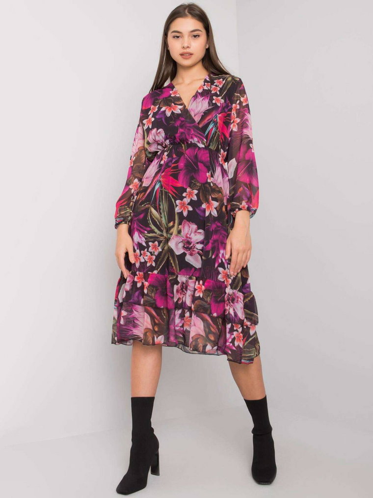 Sukienka z printem fioletowy casual codzienna dekolt w kształcie V rękaw długi długość midi z podszewką