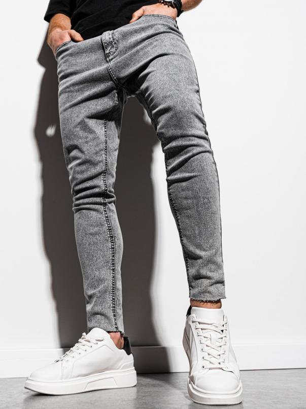 Spodnie męskie jeansowe marmurkowe z surowo wykończoną nogawką SLIM FIT -  szare V1 OM-PADP-0146