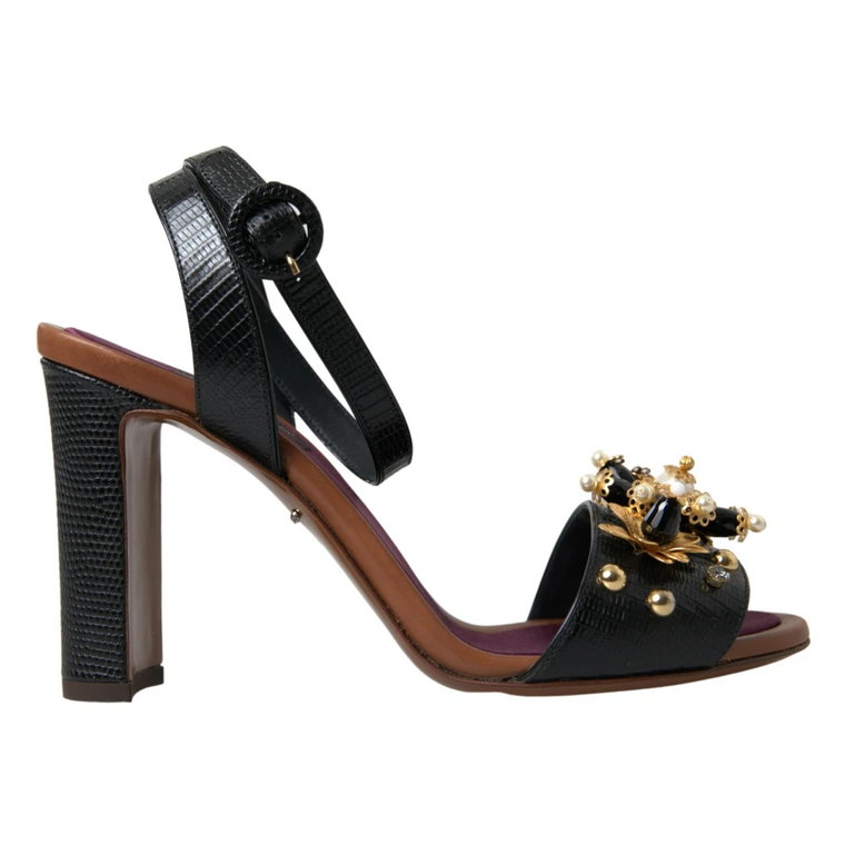 Czarne Sandały z Wytłoczonymi Kwiatami i Perłami Dolce & Gabbana