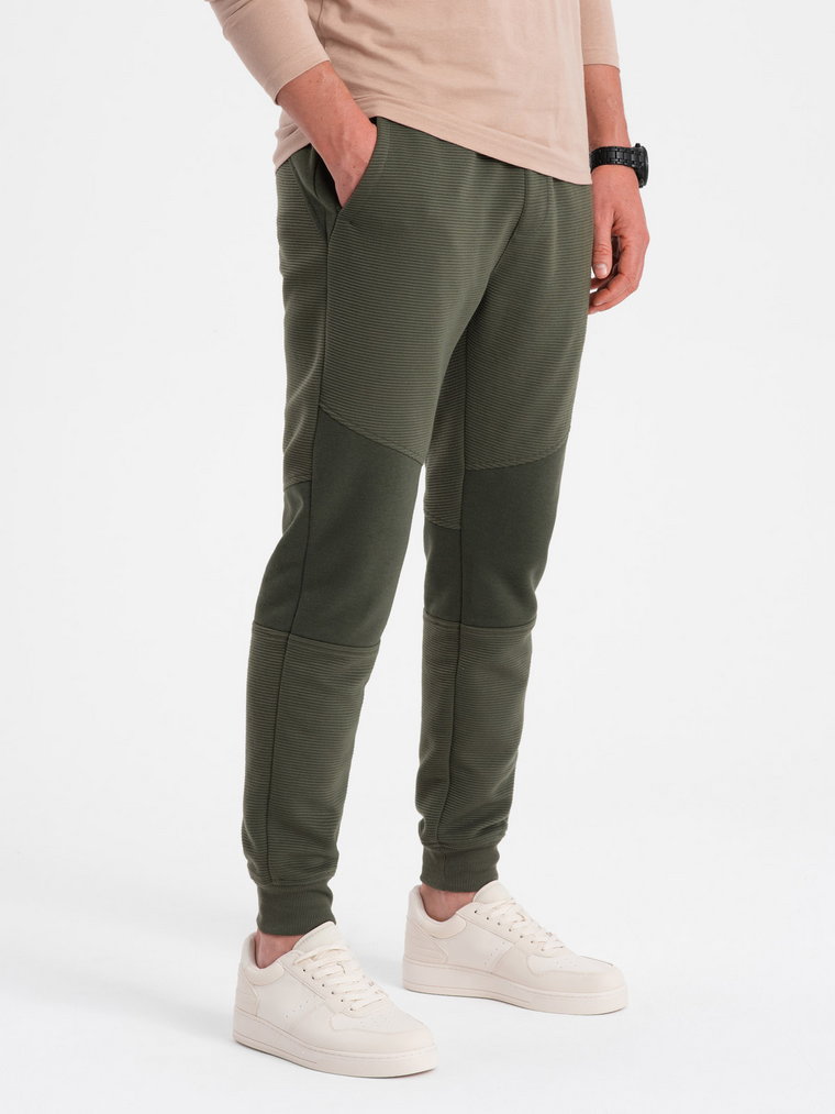 Męskie spodnie dresowe ze wstawkami z tkaniny ottoman - ciemnooliwkowe V3 OM-PASK-0127