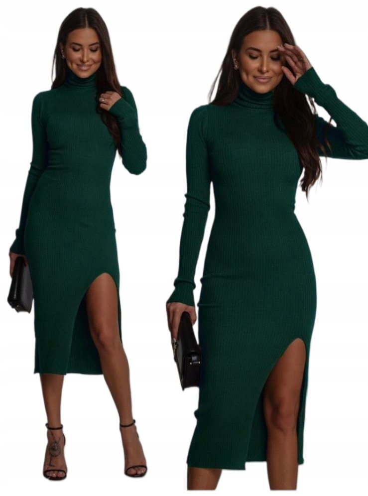 Długa Sukienka Sweterkowa Z Golfem Dopasowana Ołówkowa Prążek Zielona