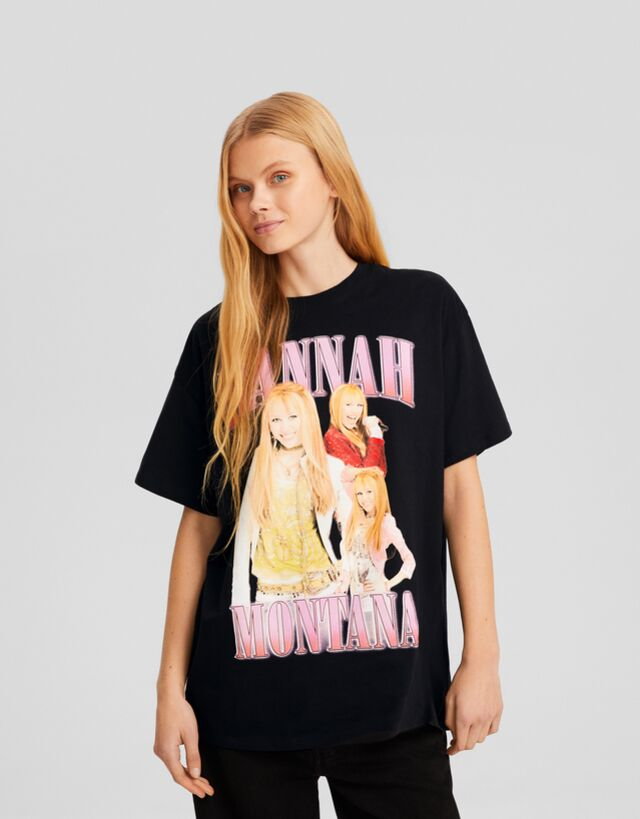 Bershka Hannah Montana  Koszulka Oversize Z Krótkim Rękawem I Nadrukiem Kobieta M Czarny