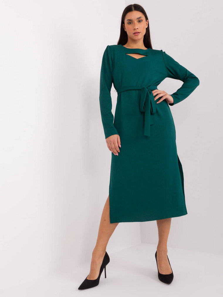 Sukienka koktajlowa ciemny zielony elegancka dekolt okrągły rękaw długi długość midi materiał prążkowany  pasek