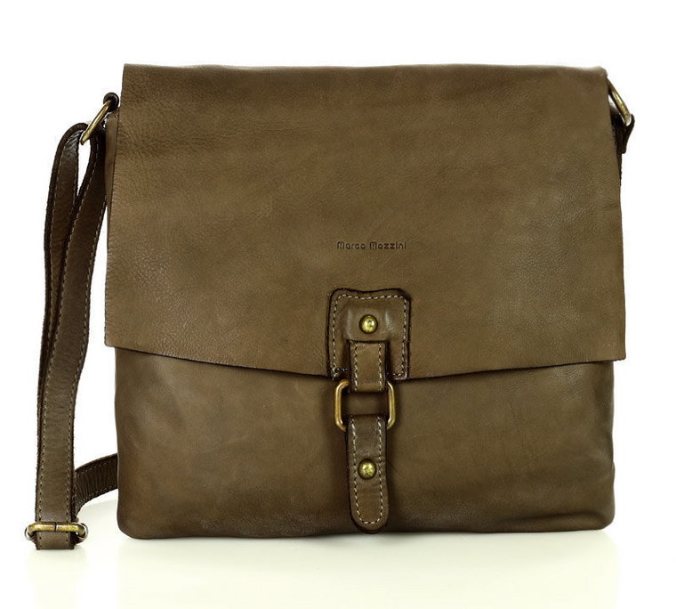 Torebka skórzana listonoszka stylowy minimalizm ala messenger leather bag - MARCO MAZZINI ciemny beż khaki