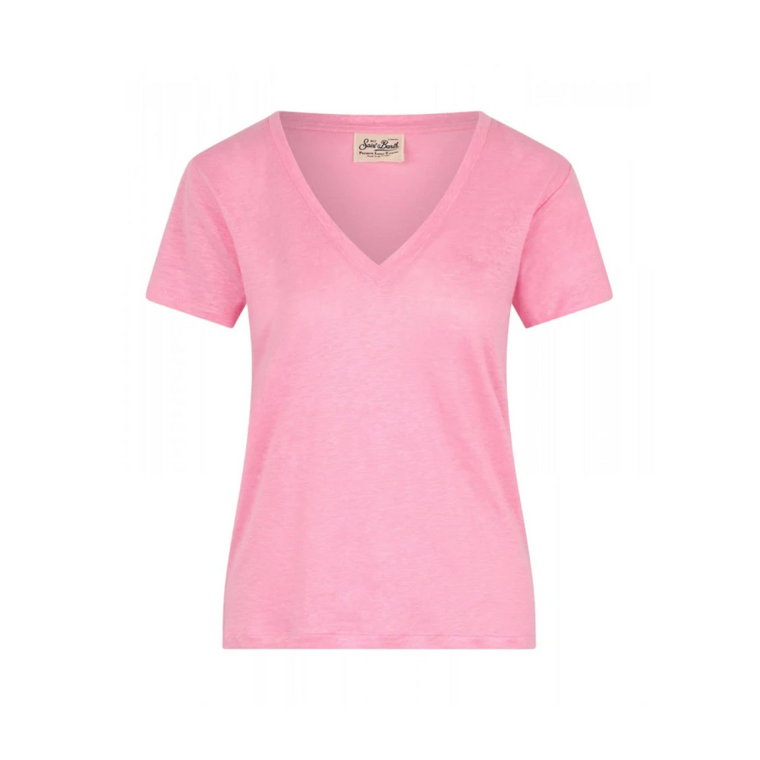 Eloise Różowy T-shirt z lnem i dekoltem w serek MC2 Saint Barth