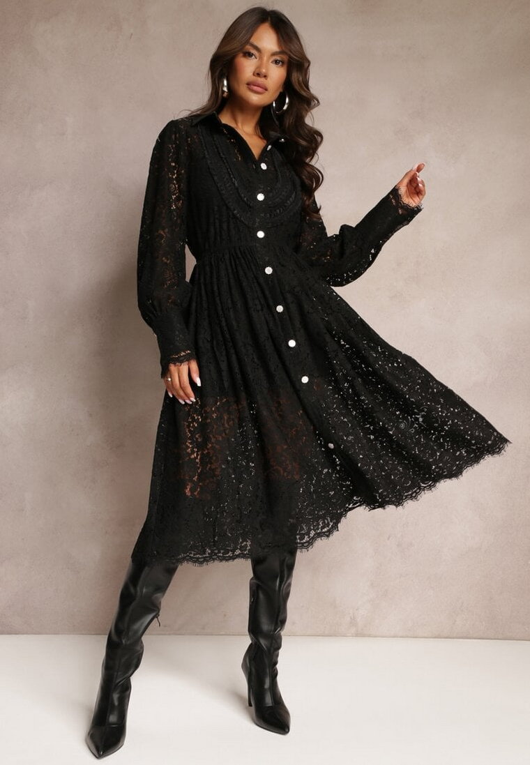 Czarna Koszulowa Midi Sukienka z Koronki o Rozkloszowanym Kroju Richmute