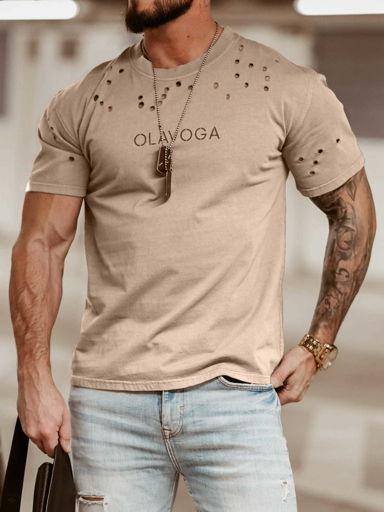 Luźny t-shirt męski OLAVOGA NOEL beżowy