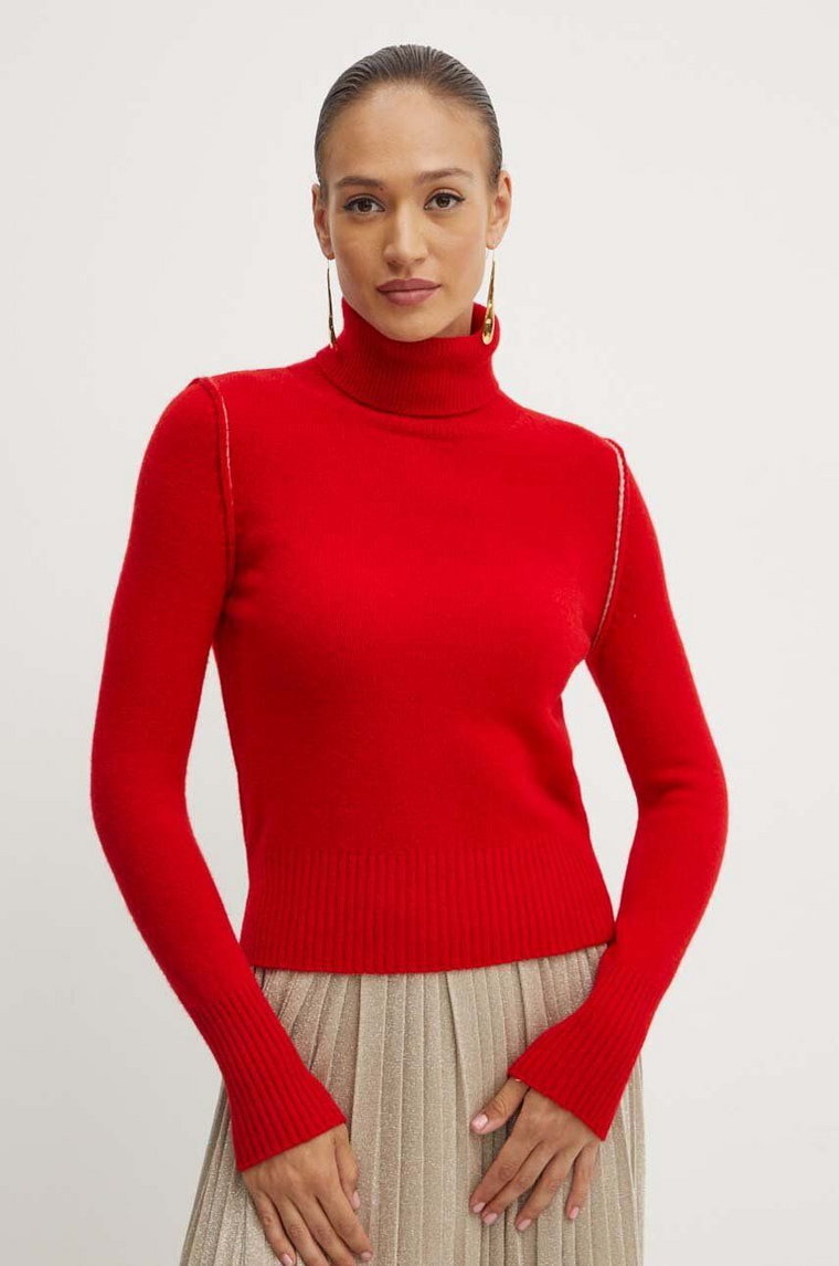 Marella sweter wełniany damski kolor czerwony z golfem 2423946024200
