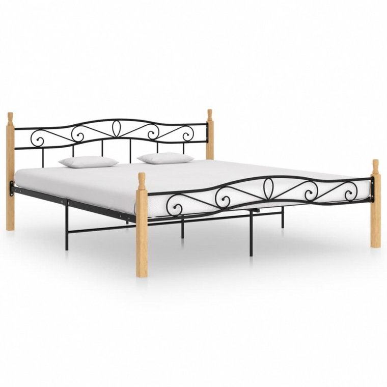 Rama łóżka, czarny metal i lite drewno dębowe, 200x200 cm kod: V-324917