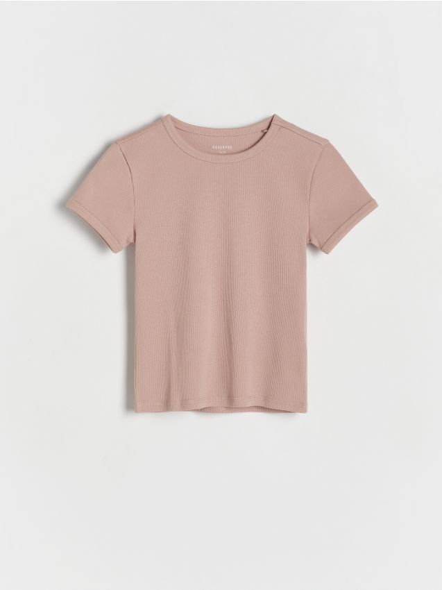 Reserved - Bawełniany t-shirt w prążki - brudny róż