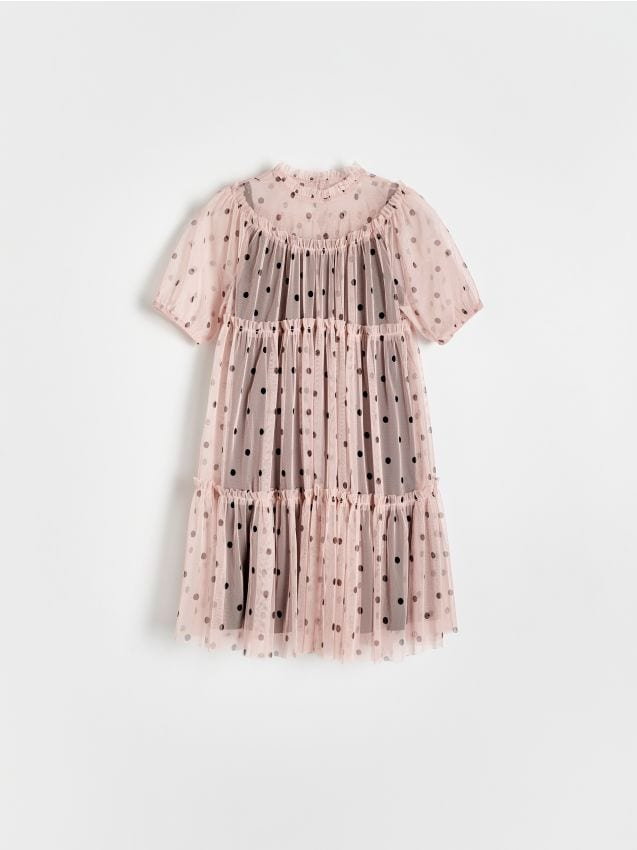 Reserved - Tiulowa sukienka w groszki - różowy