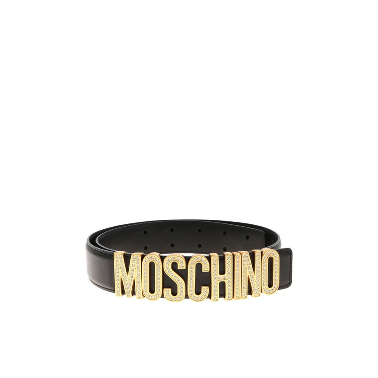 Czarny skórzany pasek z metalicznym logo Moschino
