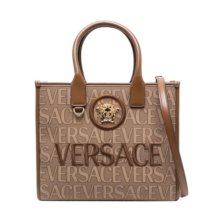 Brązowa torba z haftowanym logo Versace