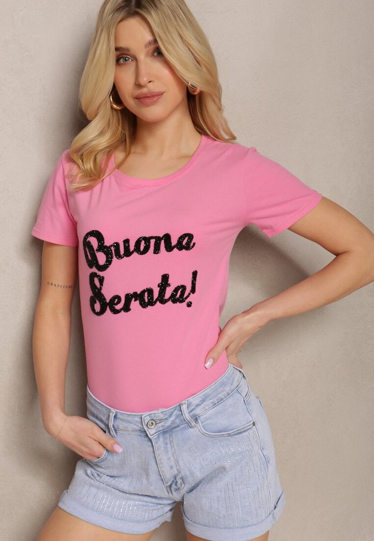 Różowy Casualowy T-shirt z Bawełny Wykończony Cyrkoniowym Napisem Lavisha