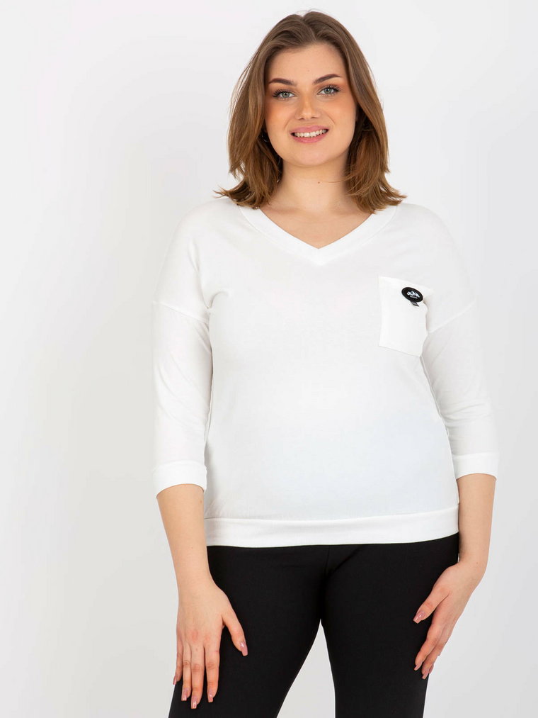 Bluzka plus size ecru casual codzienna dekolt w kształcie V rękaw 3/4 kieszenie