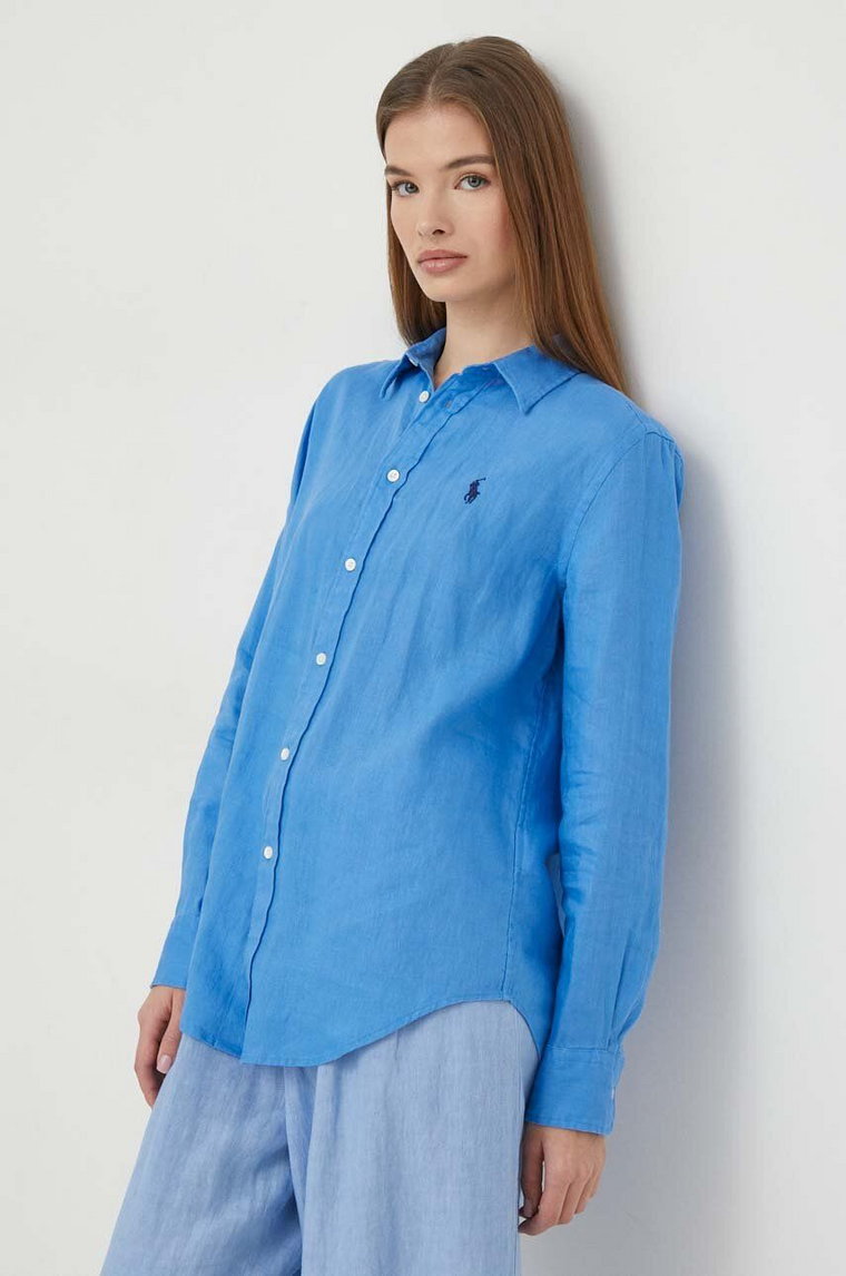 Polo Ralph Lauren koszula lniana kolor niebieski regular z kołnierzykiem klasycznym